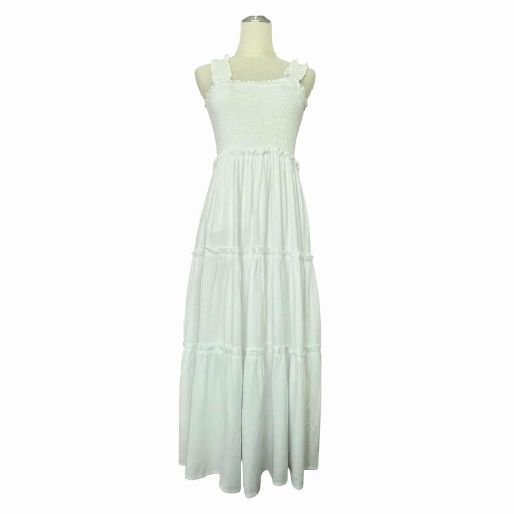 Petal + Pup White Smocked Tiered Maxi Dress M Cottagecore Boho Prairie Ruffle